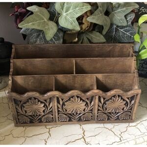Vtg Desk Organizer Lerner Melville Faux-Wood Carved Mail File Letter Holder  (1)